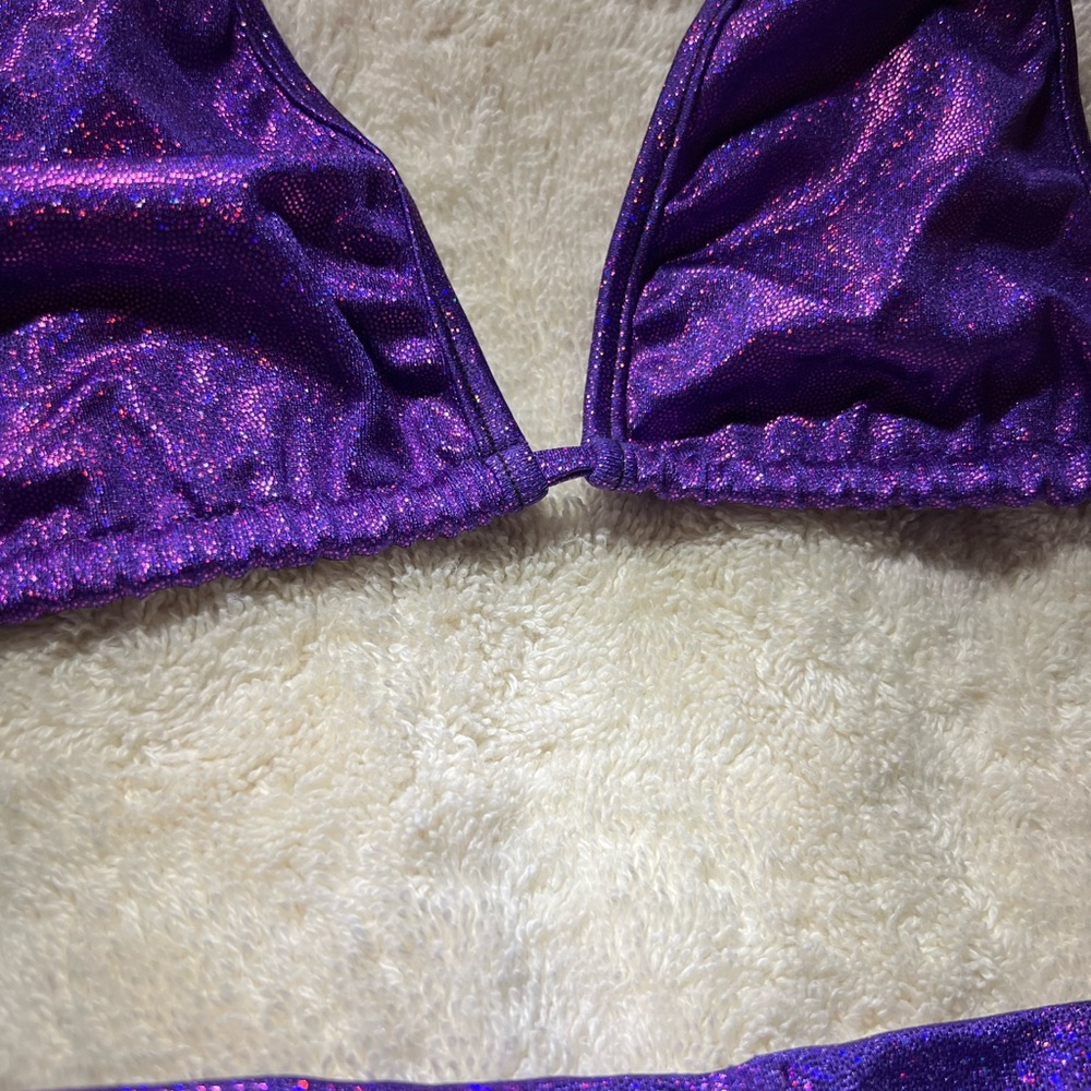 Purple Shimmer Triangle Bikini Set With Matching Thong With Bow - Picture 2 of 5